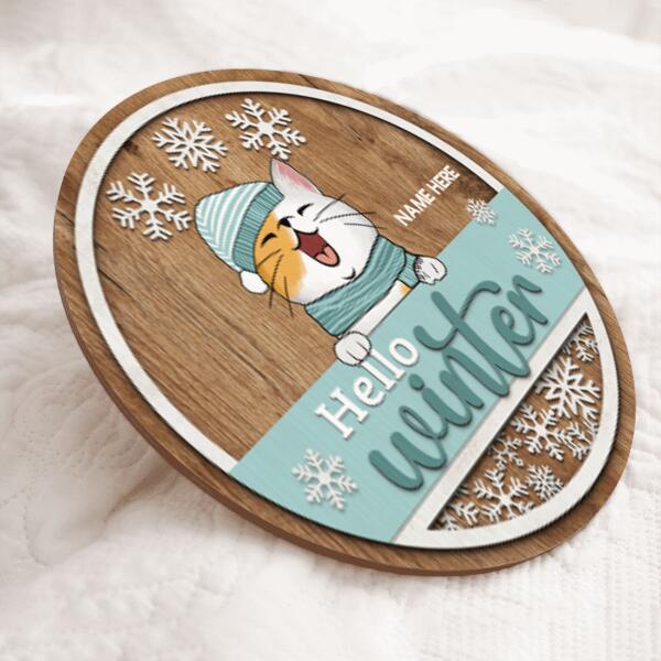 Christmas Door Decorations, Gifts For Cat Lovers, Hello Winter Brown & Mint Background Welcome Door Signs , Cat Mom Gifts