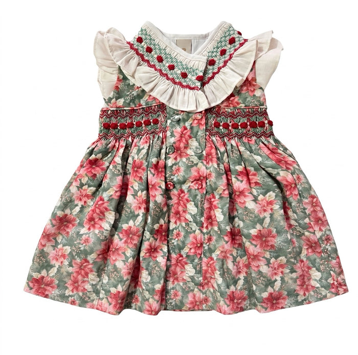 Christmas Florals Handsmocked Dress in red and green floral print with ruffled ivory collar