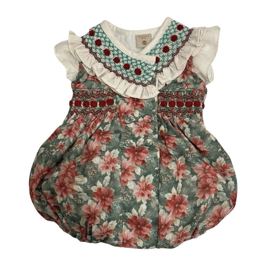 Christmas Florals Handsmocked Romper in red and green floral print with ruffled ivory collar