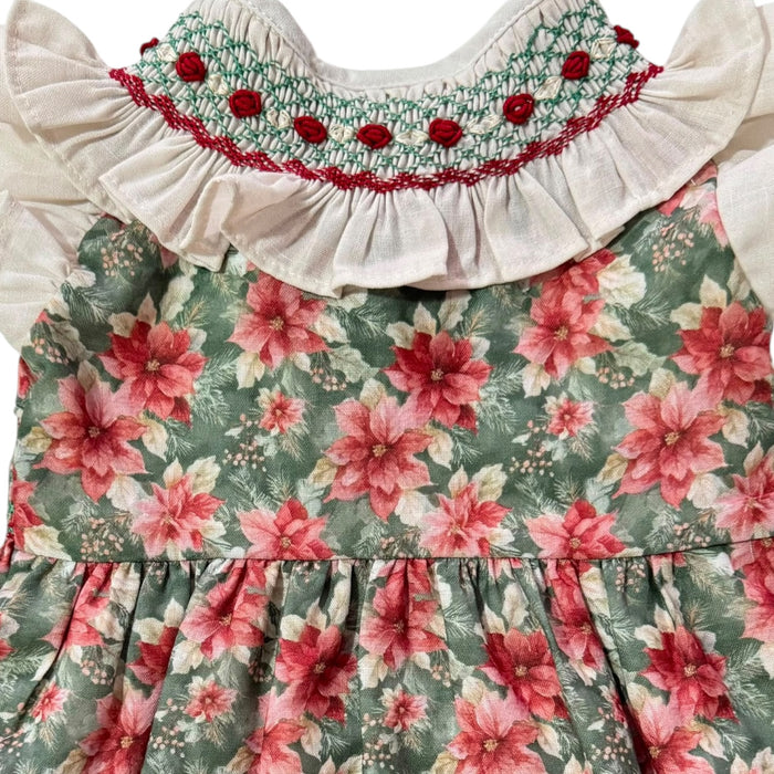 Close-up of Christmas floral print and embroidered collar detailing