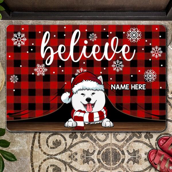 Christmas Personalized Doormat, Gifts For Dog Lovers, Believe Dogs In Snow Holiday Doormat