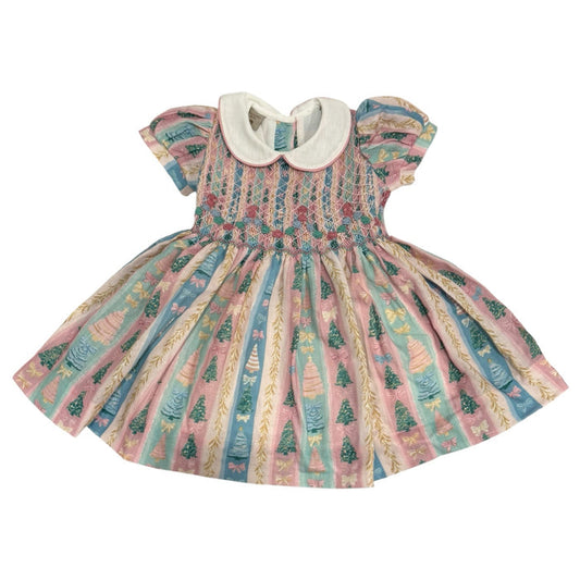 Christmas Tree Pastels Handsmocked Dress in pastel pink, blue and green Christmas tree print