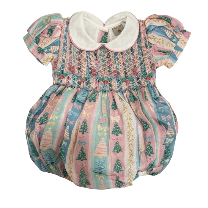 Christmas Tree Pastels Handsmocked Romper in pastel pink, blue and green Christmas tree print