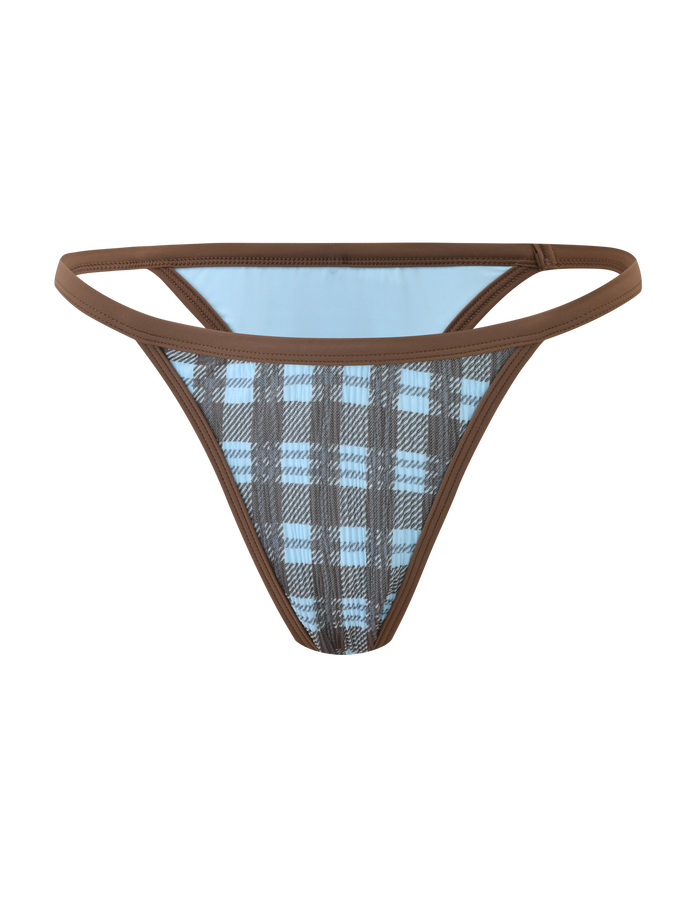 The TIGERMIST CITRINE BIKINI BOTTOM - BLUE CHECK features a cheeky, low-rise fit with blue and brown plaid, accented by a brown waistband and trim, shown against a white background.