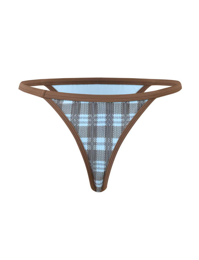 The CITRINE BIKINI BOTTOM - BLUE CHECK by TIGERMIST is a blue and brown plaid cheeky bikini bottom with brown trim and thin side straps, shown on a plain white background.