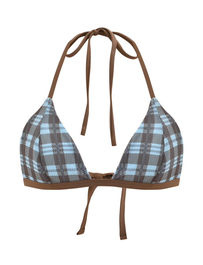 The TIGERMIST CITRINE BIKINI TOP - BLUE CHECK is a plaid halter bikini with blue, brown, and white checks, featuring brown contrast straps. Adjustable ties at neck and back. Photographed on a plain white background.