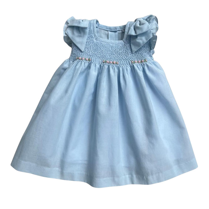 Claudette Two Light Blue Handsmocked Bows Girl Dress