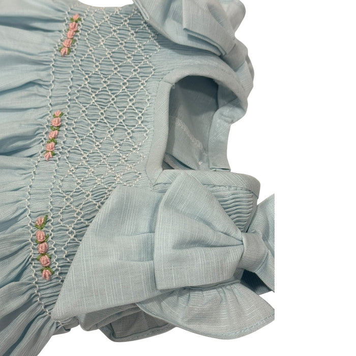 Claudette Two Light Blue Handsmocked Bows Girl Dress