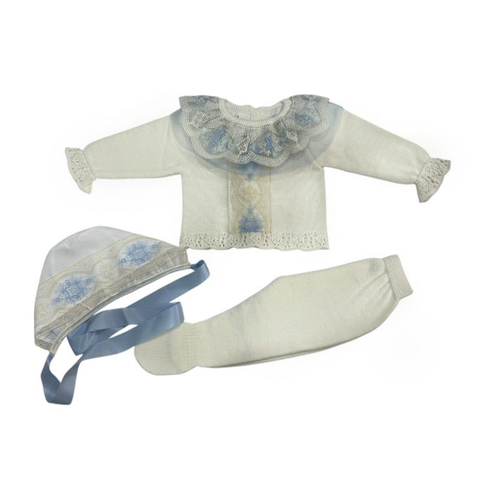 Clotilde Ivory with Light Blue 3-Piece Knitted Set
