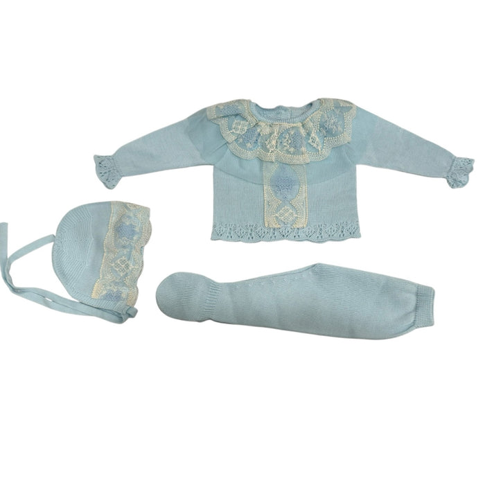 Clotilde Light Blue 3-Piece Knitted Set with knitted top, pants and coordinating bonnet