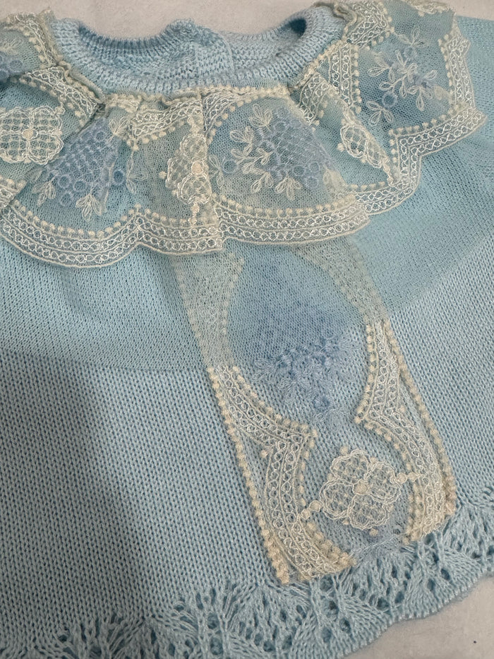 Close-up of light blue knit and ivory lace panel on Clotilde 3-Piece Set