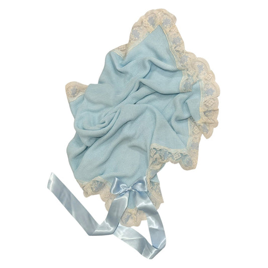 Clotilde Light Blue Knitted Blanket with wide ivory floral lace border and light blue satin bow