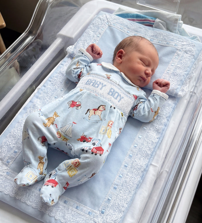 Congratulations its a BOY Handsmocked Babygrow Footie