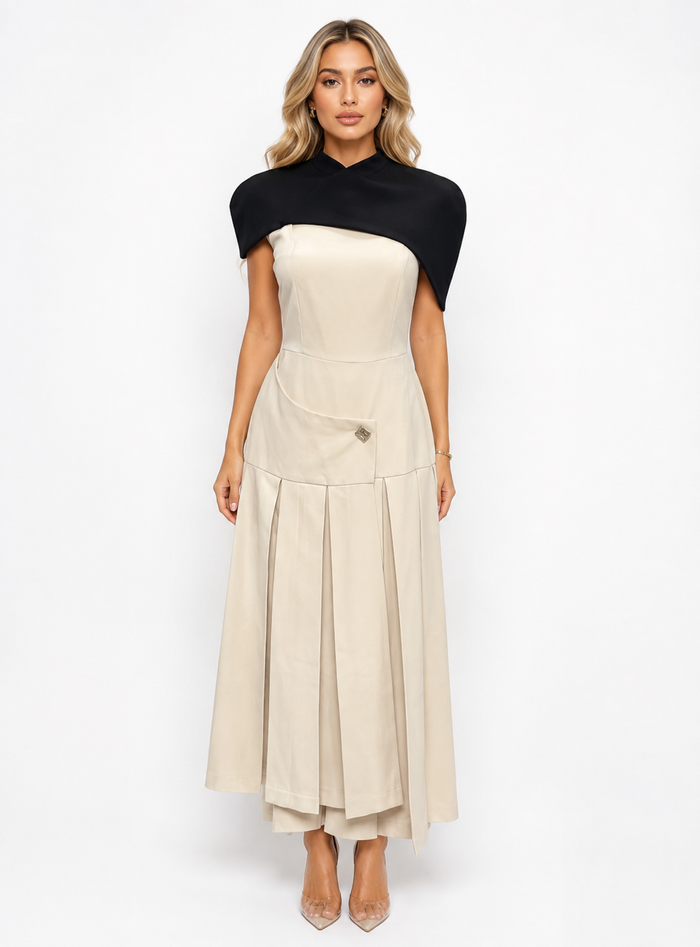 Contrast Cape Pleated Midi Dress - Ivory