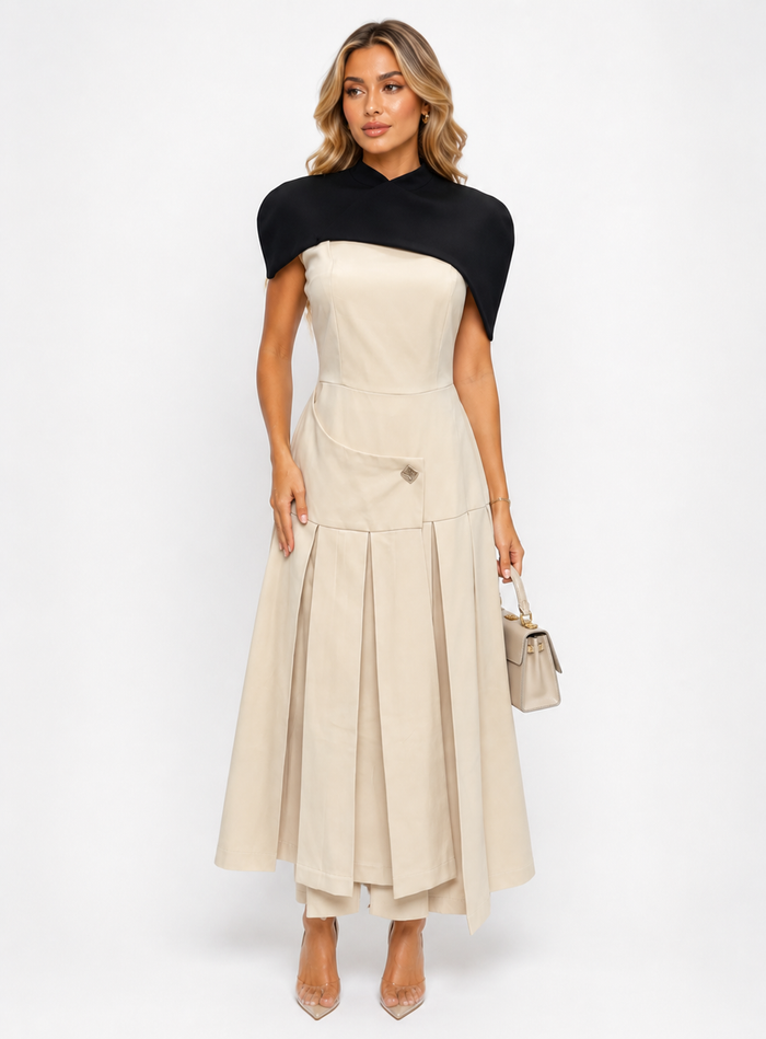 Contrast Cape Pleated Midi Dress - Ivory