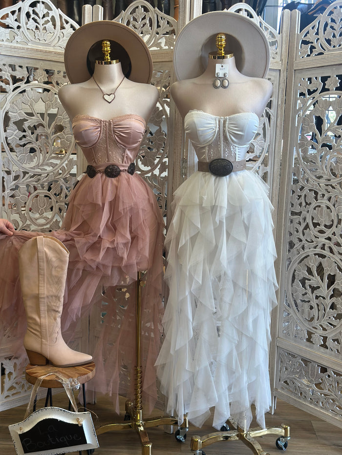 Corset Ruffle Maxi Dress - Estira Poco, Slightly Stretchy
