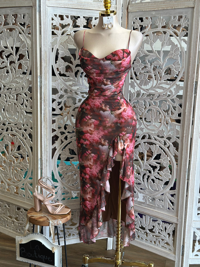Cowl Neck Angel Pattern Midi Dress- Stretchy,Estira