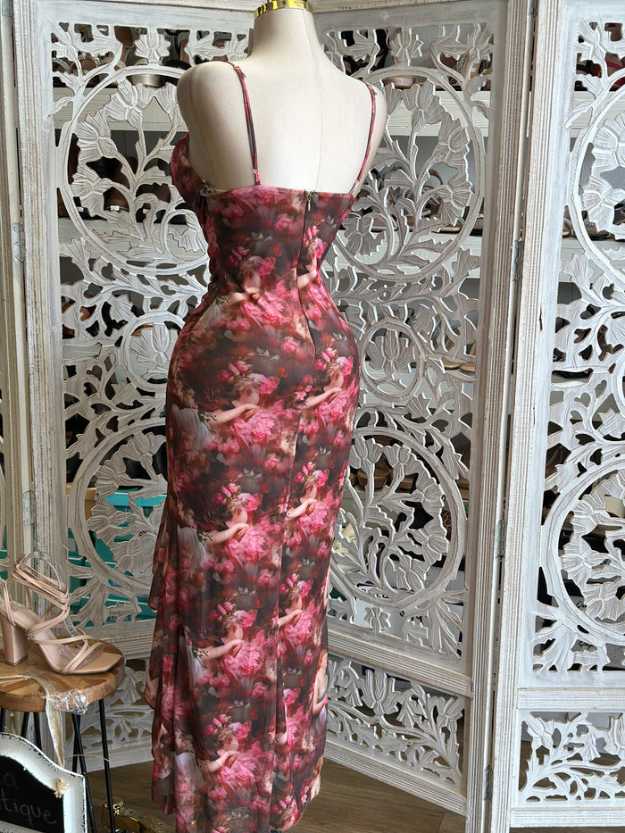 Cowl Neck Angel Pattern Midi Dress- Stretchy,Estira