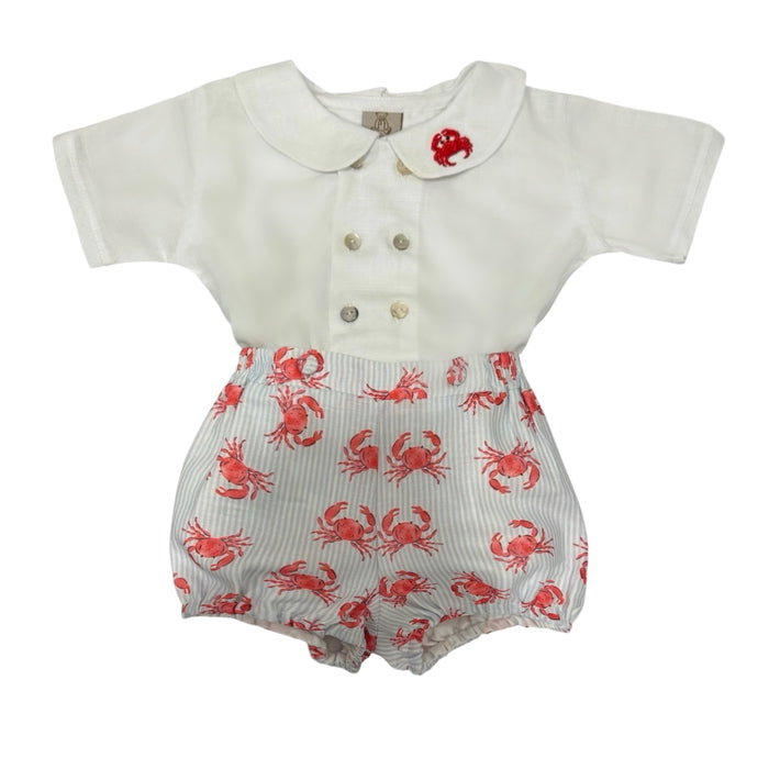 Crab Boy 2-Piece Set with white linen shirt and red crab print shorts