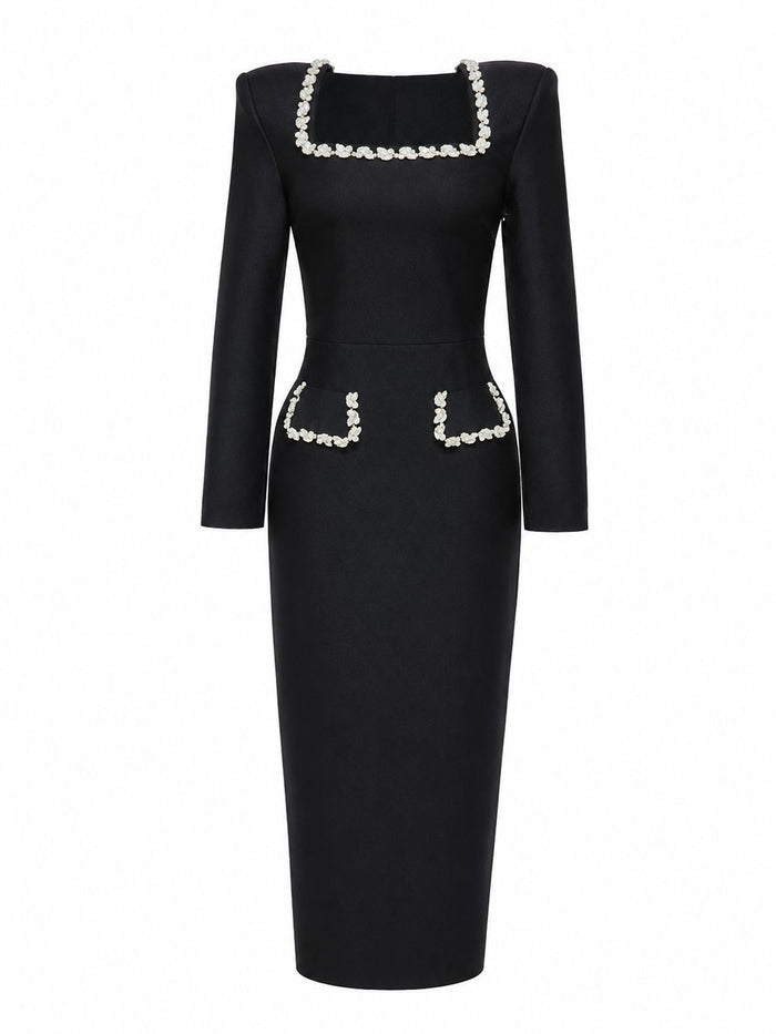 Crystal Trim Square Neck Midi Dress - Elegance