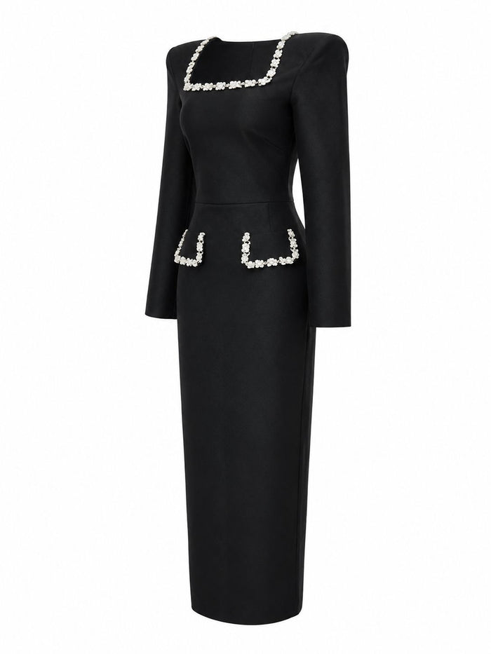 Crystal Trim Square Neck Midi Dress - Elegance