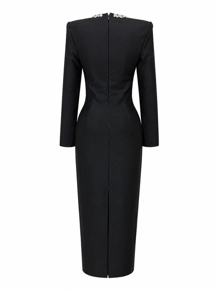 Crystal Trim Square Neck Midi Dress - Elegance