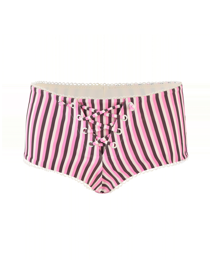 The DAZZLE BIKINI BOTTOM - STRIPE by TIGERMIST features high-waisted pink, black, and white stripes with a lace-up front and scalloped lace trim at the waistband and leg openings.