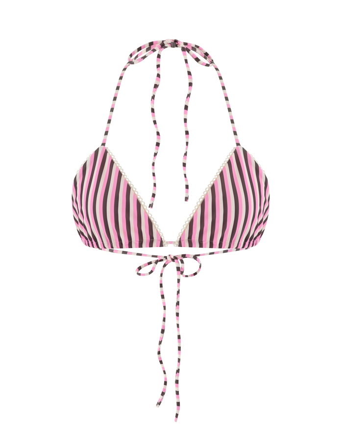 The TIGERMIST DAZZLE BIKINI TOP - STRIPE is a high-stretch halter neck bikini top with pink, black, and white vertical stripes and back tie closures.
