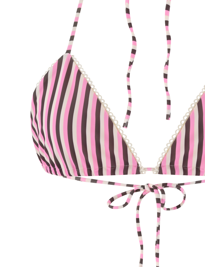 The DAZZLE BIKINI TOP - STRIPE by TIGERMIST features vertical pink, brown, and white stripes, scallop lace trim along the edges, and long thin straps tied in a bow at the front.