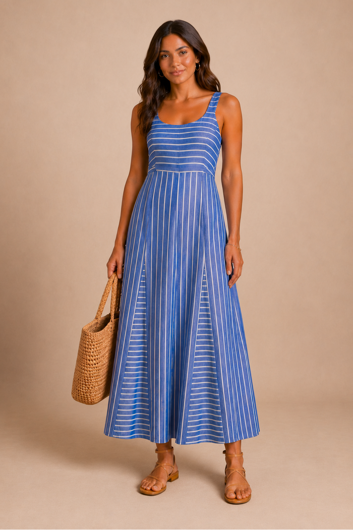 A woman in front of a beige backdrop wearing a striped blue maxi dress.