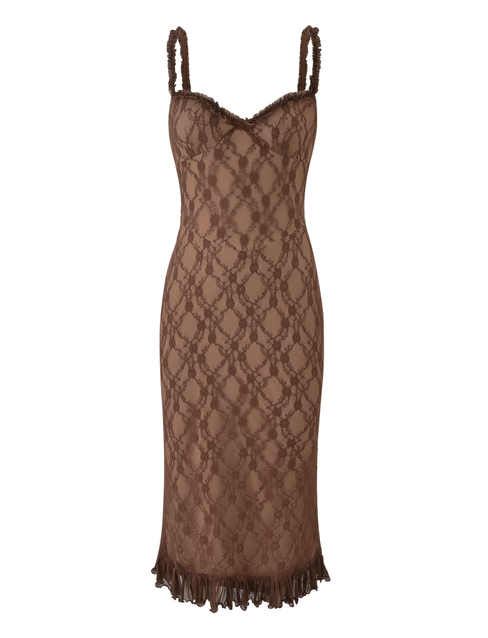 The DEJA DRESS - BROWN LACE by TIGERMIST is a sleeveless, fitted midi dress with spaghetti straps, a scalloped neckline, ruffled hem, and elegant floral lace detailing throughout.