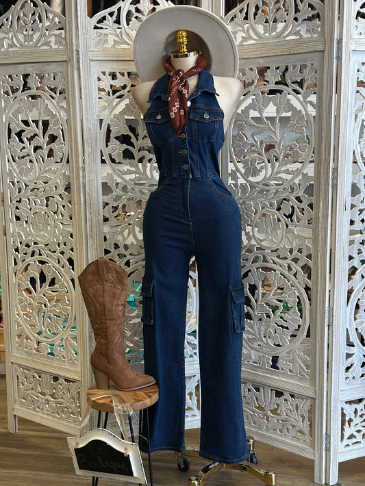 Denim Collard Sleeveless Jumpsuit - Stretchy,Estira