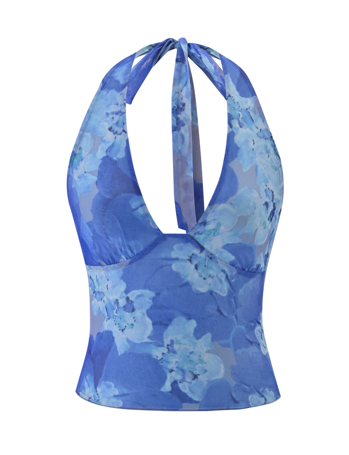 The TIGERMIST DEVYN TOP in Blue Macro Floral features a halter neck tie, high stretch fabric for a comfy bodycon fit, and a fitted, slightly flared silhouette.