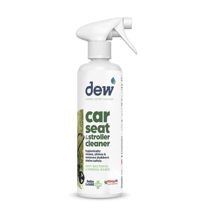 White spray bottle of Dew Car Seat & Stroller Cleaner with electrolyzed water cleaner