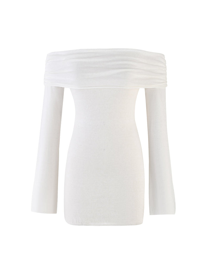 The DIEDRE JUMPER DRESS - WHITE : CREAM by TIGERMIST features a chic, off-the-shoulder design with long sleeves. The fitted bodice and slightly ruched neckline sit stylishly across the shoulders, exuding both elegance and modernity. Made from soft, stretchy fabric, this piece perfectly captures the sophisticated style associated with TIGERMIST.