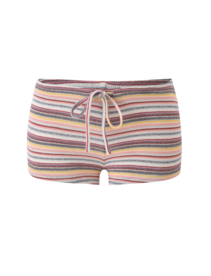 The TIGERMIST DILLON SHORT - MULTISTRIPE features comfy everyday wear with a drawstring waistband and horizontal pink, yellow, gray, white, and orange stripes, shown on a plain white background.