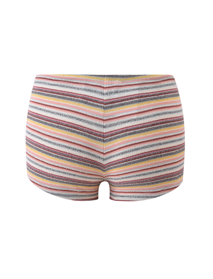 The TIGERMIST DILLON SHORT - MULTISTRIPE features comfy everyday wear with pink, orange, yellow, gray, and white horizontal and diagonal stripes on a plain background, plus a drawstring waistband for the perfect fit.
