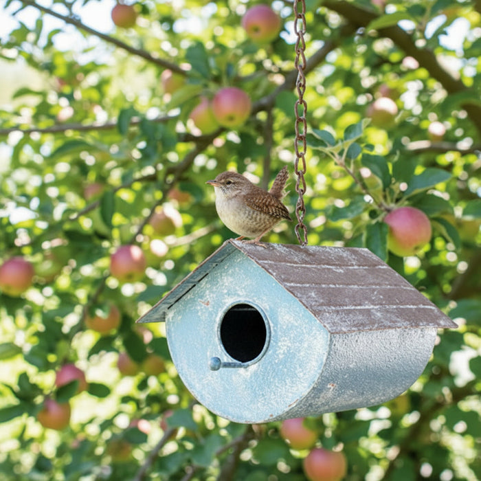 distressed blue metal birdhouse