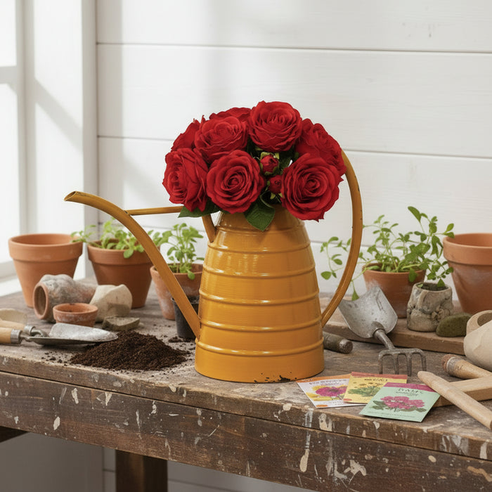 distressed metal beehive watering can