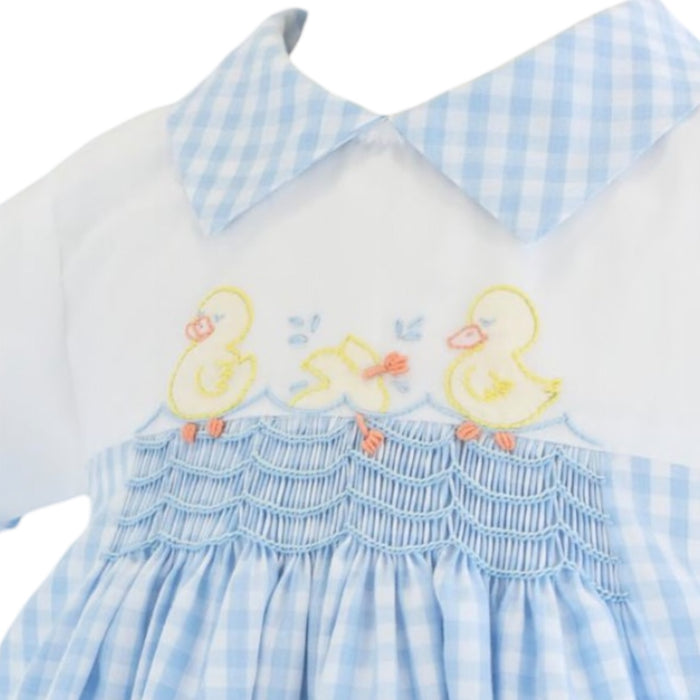 Ducks Blue Gingham Handsmocked Boy Romper