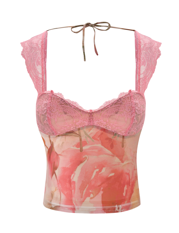 The DUNE TOP - WATERCOLOUR FLORAL by TIGERMIST is a pink floral lace top with mesh, lace-trimmed cups, cap sleeves, and an adjustable tie back at the neck.