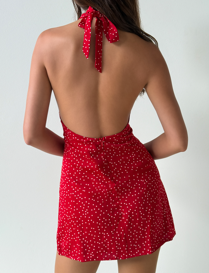 A woman with her back to the camera models the DYLAN HALTER MINI DRESS - RED POLKA by TOP ONE LADYS FASHION PTY LTD, highlighting its open-back halter-neck design and playful style against a simple background.