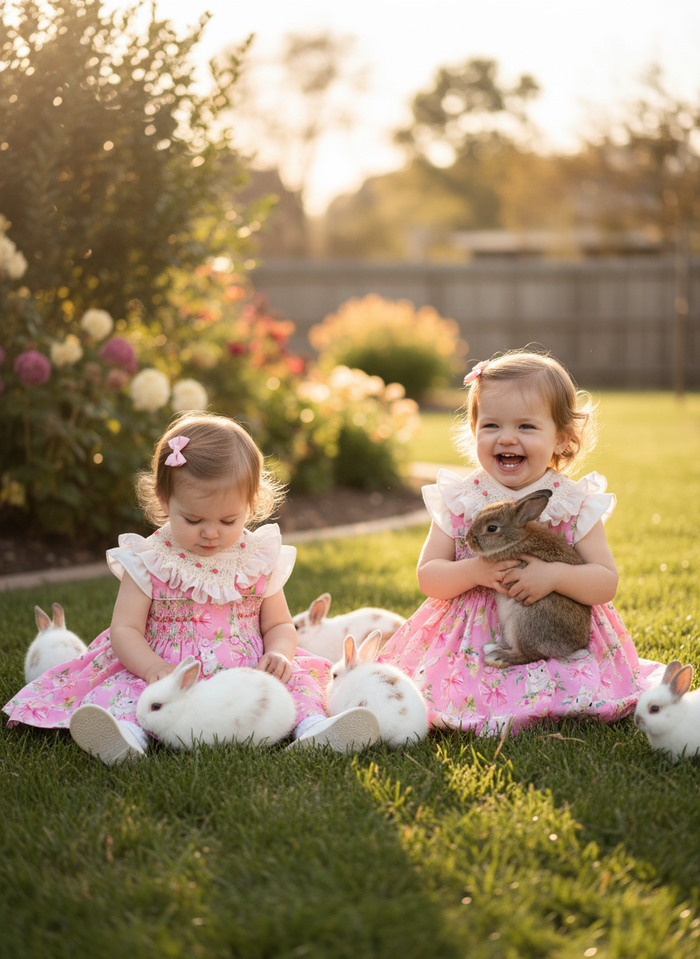 Ebba Pink Bunny Handsmocked Dress