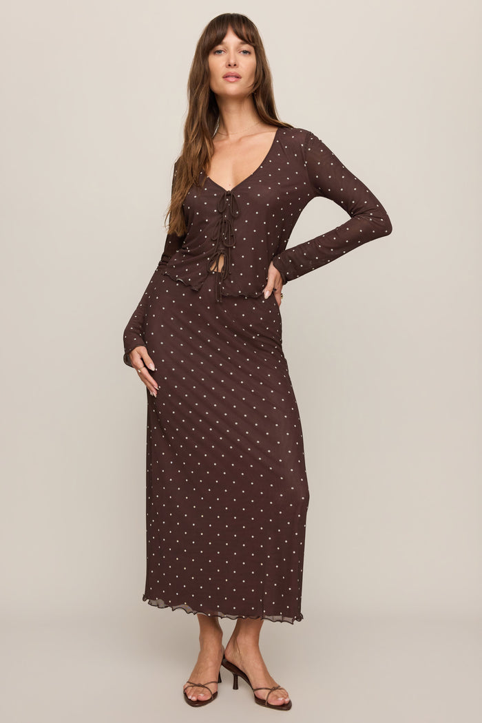 Eda Polka Dot Mesh Midi Skirt - Dark Chocolate - Side