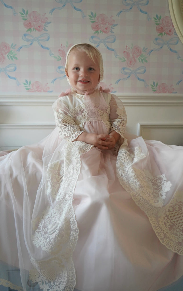 Edwarda Beige/Pink Tulle Lace Gown