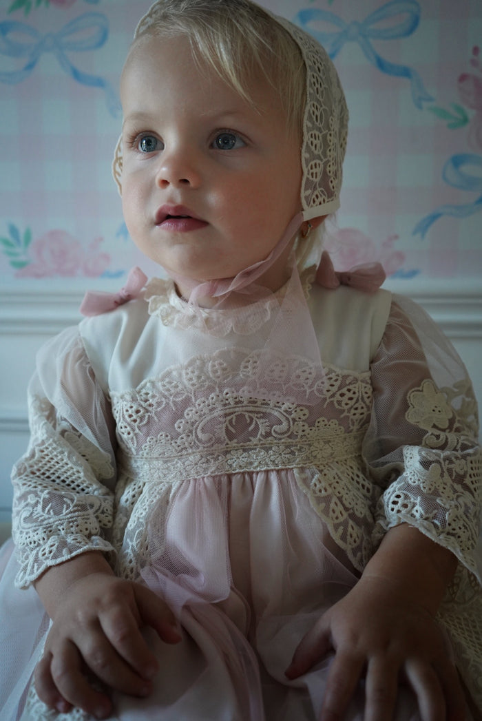 Edwarda Beige/Pink Tulle Lace Gown