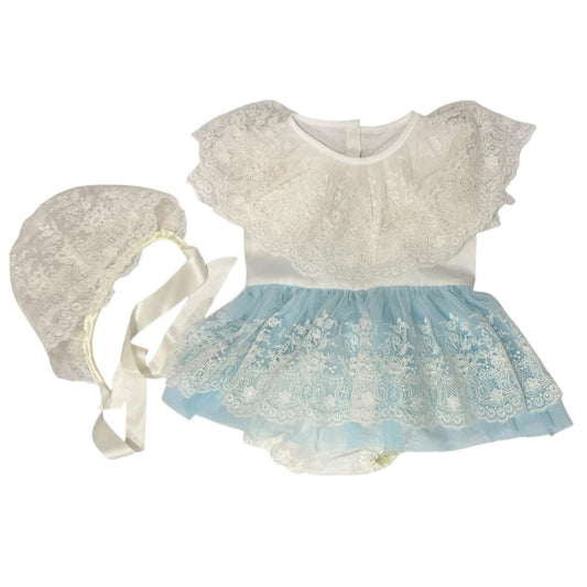 Ella Blue Tulle Dress with Bonnet