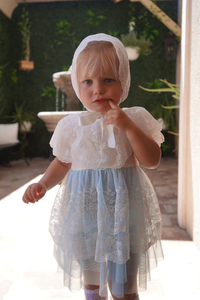 Ella Blue Tulle Dress with Bonnet
