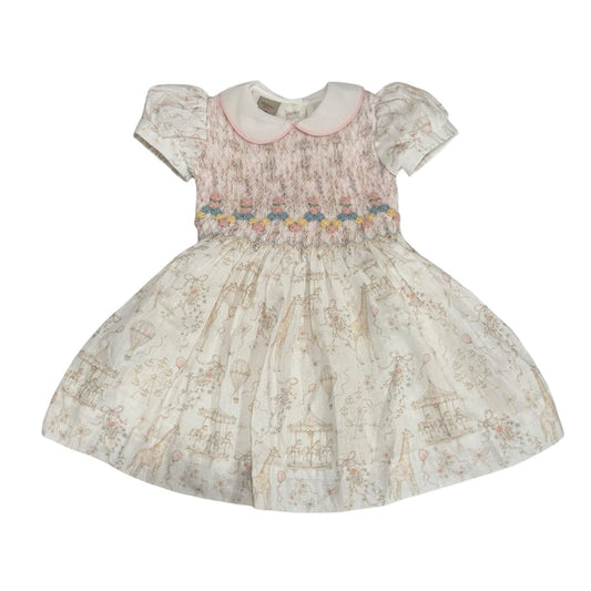 Ella Pastels Carousel Handsmocked Girl Dress in soft carousel-inspired print