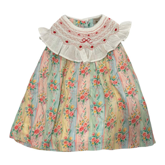 Eloisa Bow Handsmocked Dress in colorful floral-and-bow print with ruffled ivory collar